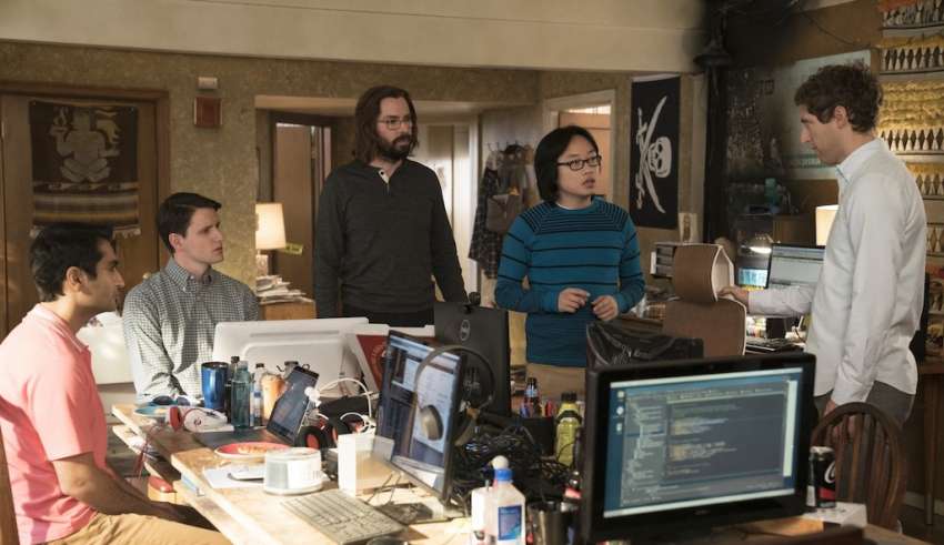(R-L) Kumail Nanjiani, Zach Woods, Martin Starr, Jimmy O. Yang and Thomas Middleditch star in HBO's SILICON VALLEY
