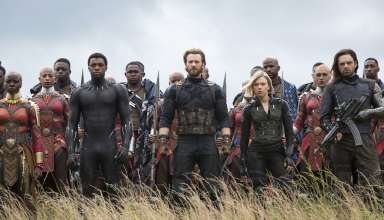 (L to R) Danai Gurira, Chadwick Boseman, Chris Evans, Scarlet Johansson and Sebastian Stan star in Marvel Studios' AVENGERS: INFINITY WAR