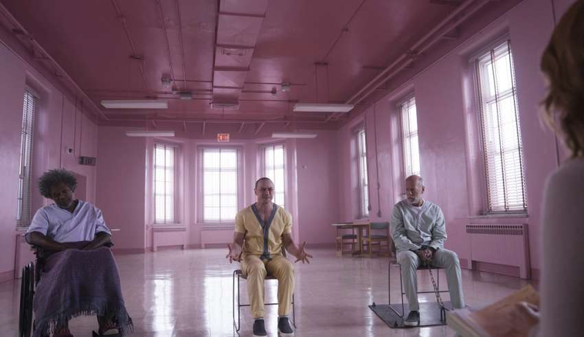 (L-R) Samuel L. Jackson, James McAvoy, Bruce Willis, and Sarah Paulson star in Universal Pictures' GLASS