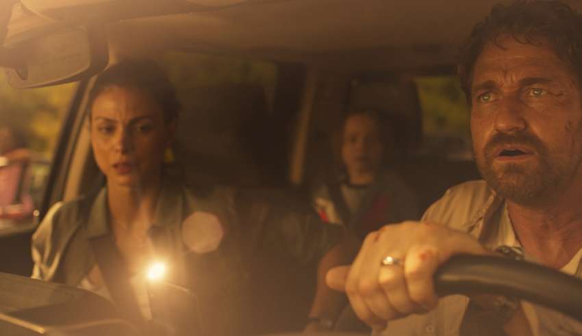 (L-R) Morena Baccarin, Roger Dale Floyd and Gerard Butler star in STX Films' GREENLAND